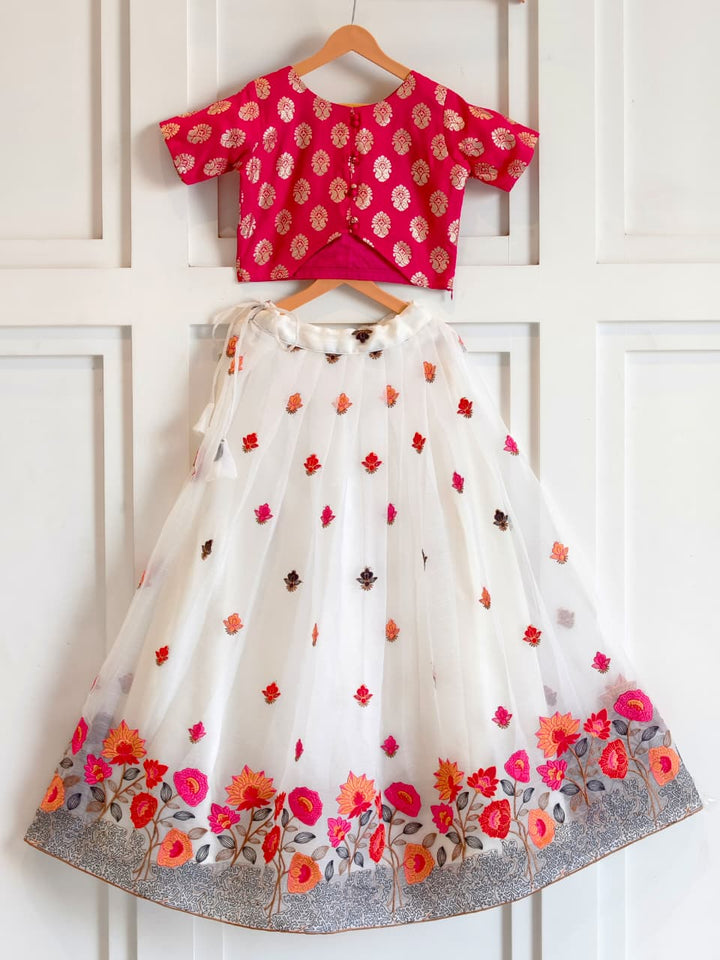 Elegant Off-White Floral Embroidered Skirt & Butti Top Set for Girls (1 Month – 16 Years)  Description: