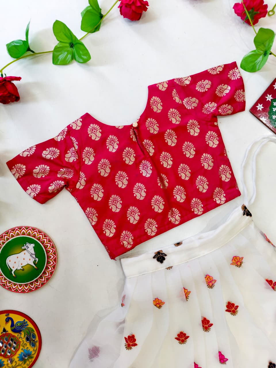 Elegant Off-White Floral Embroidered Skirt & Butti Top Set for Girls (1 Month – 16 Years)  Description: