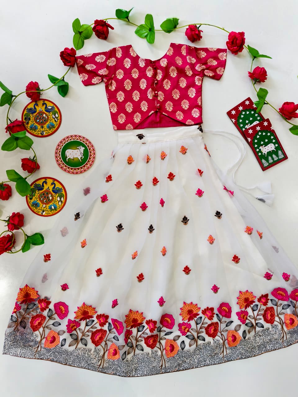 Elegant Off-White Floral Embroidered Skirt & Butti Top Set for Girls (1 Month – 16 Years)  Description: