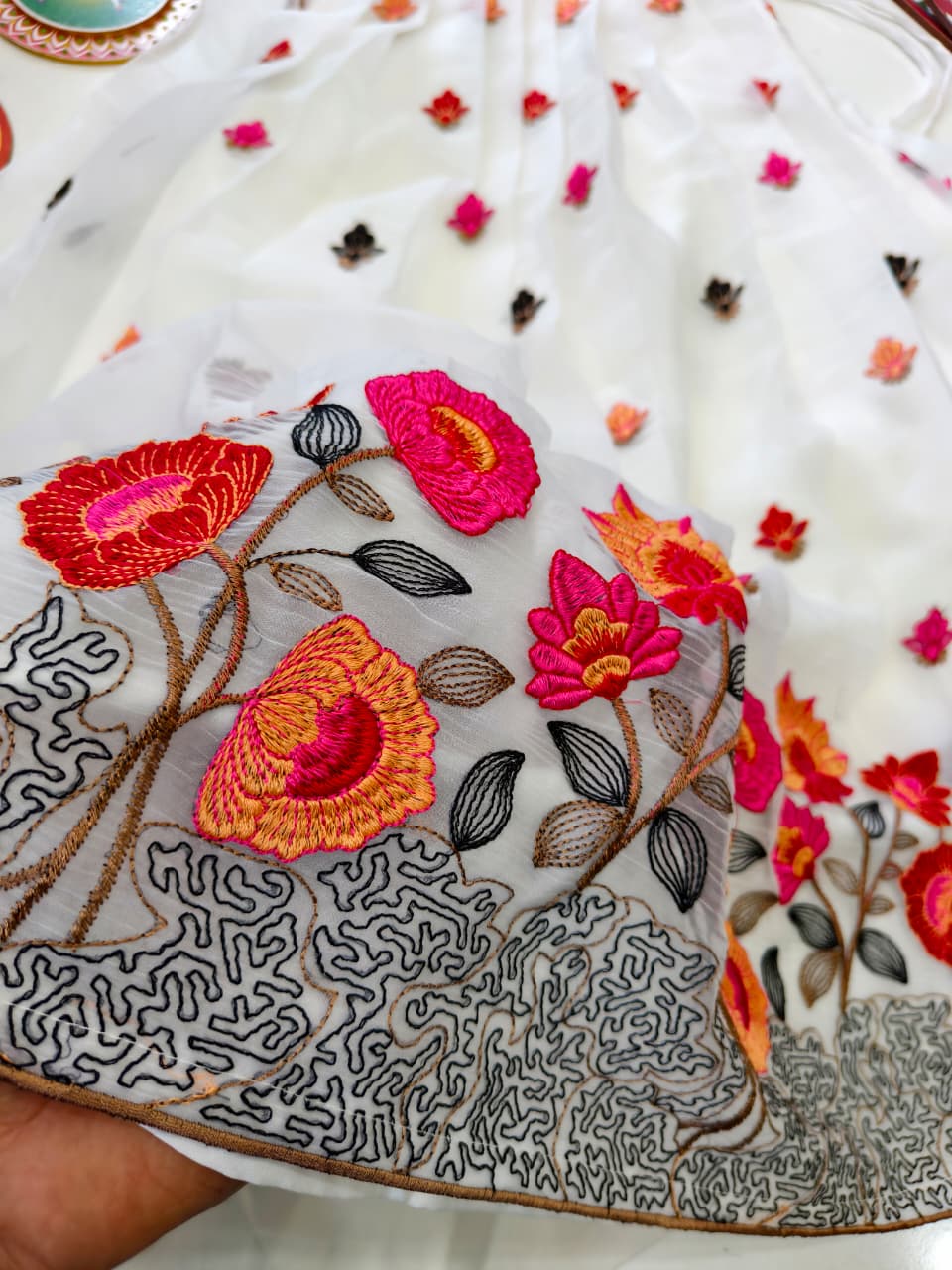 Elegant Off-White Floral Embroidered Skirt & Butti Top Set for Girls (1 Month – 16 Years)  Description:
