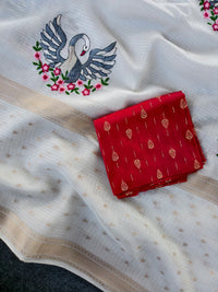Pure Soft Kota Doriya Saree with All-Over Embroidered Motifs & Weaving Border (With Tassels) + Contrast Blouse Piece