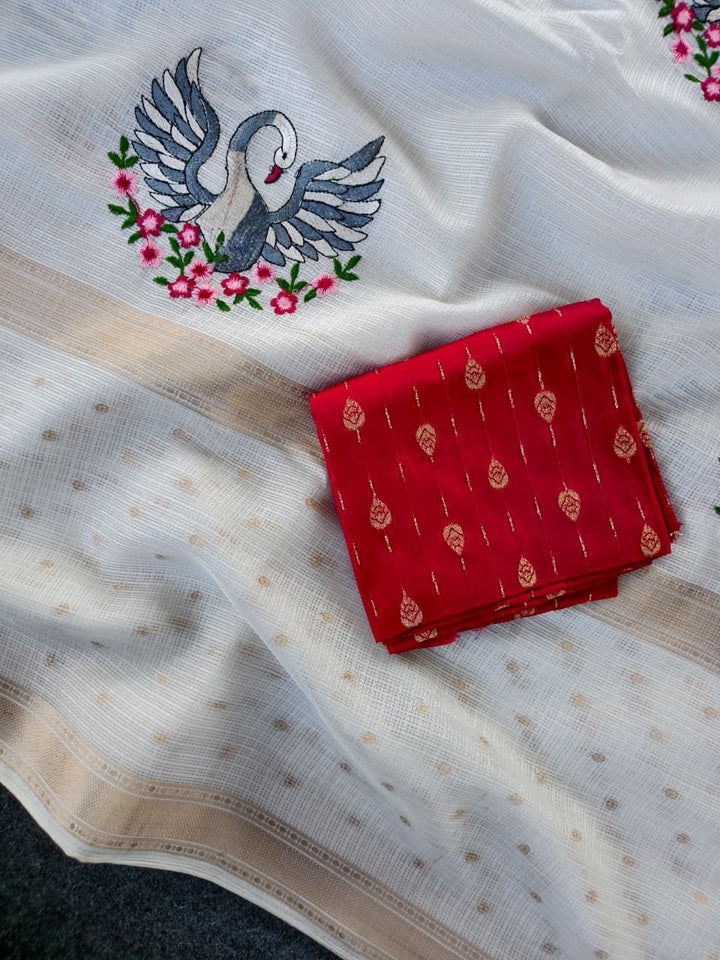 Pure Soft Kota Doriya Saree with All-Over Embroidered Motifs & Weaving Border (With Tassels) + Contrast Blouse Piece