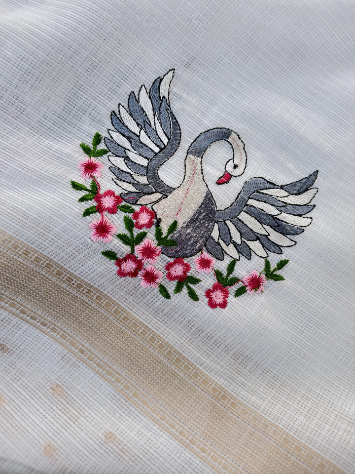 Pure Soft Kota Doriya Saree with All-Over Embroidered Motifs & Weaving Border (With Tassels) + Contrast Blouse Piece