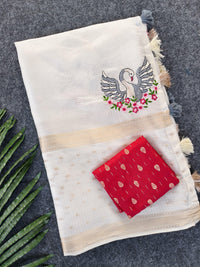 Pure Soft Kota Doriya Saree with All-Over Embroidered Motifs & Weaving Border (With Tassels) + Contrast Blouse Piece