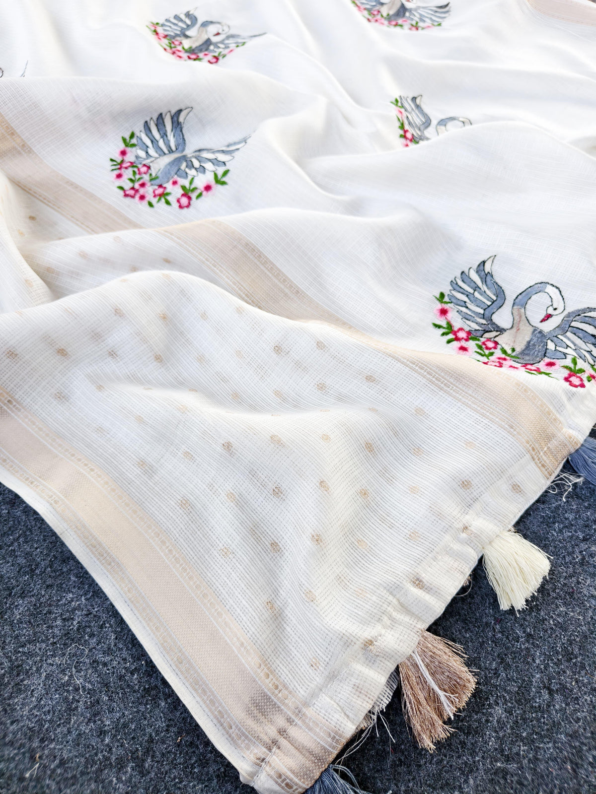 Pure Soft Kota Doriya Saree with All-Over Embroidered Motifs & Weaving Border (With Tassels) + Contrast Blouse Piece