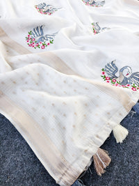 Pure Soft Kota Doriya Saree with All-Over Embroidered Motifs & Weaving Border (With Tassels) + Contrast Blouse Piece
