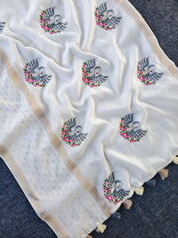Pure Soft Kota Doriya Saree with All-Over Embroidered Motifs & Weaving Border (With Tassels) + Contrast Blouse Piece