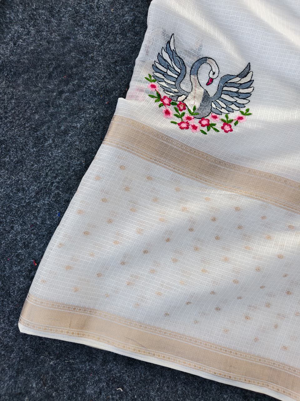 Pure Soft Kota Doriya Saree with All-Over Embroidered Motifs & Weaving Border (With Tassels) + Contrast Blouse Piece
