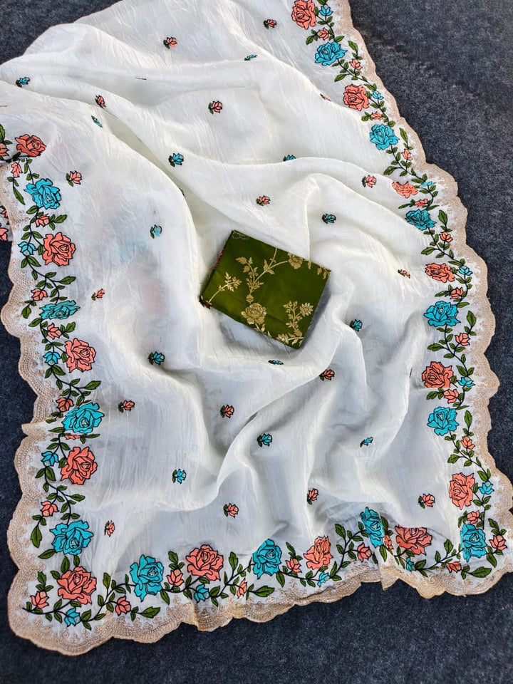 Elegant Pure Paper Crush Saree with Intricate Multi-Thread Embroidery