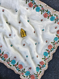 Elegant Pure Paper Crush Saree with Intricate Multi-Thread Embroidery
