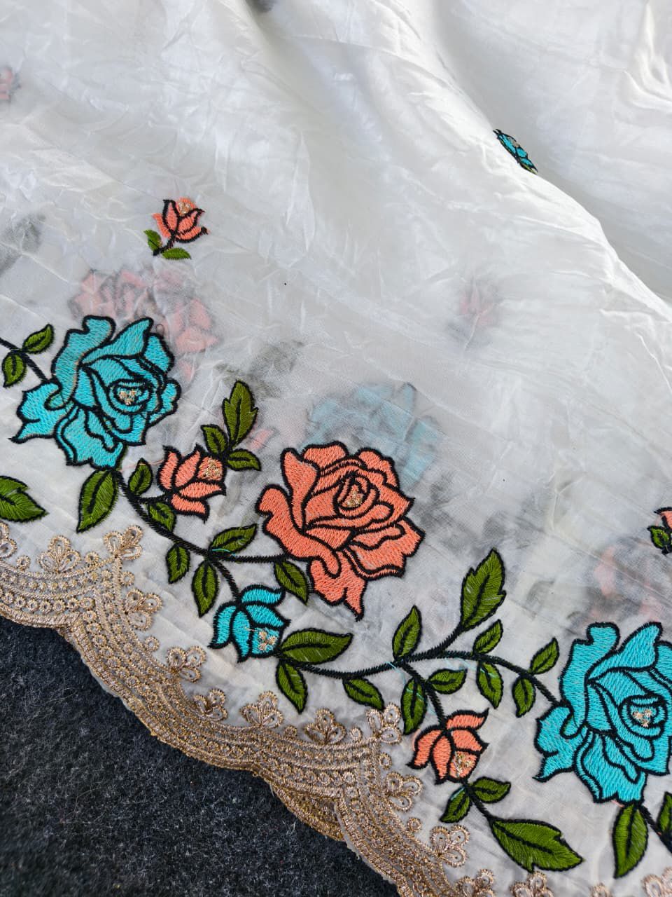 Elegant Pure Paper Crush Saree with Intricate Multi-Thread Embroidery