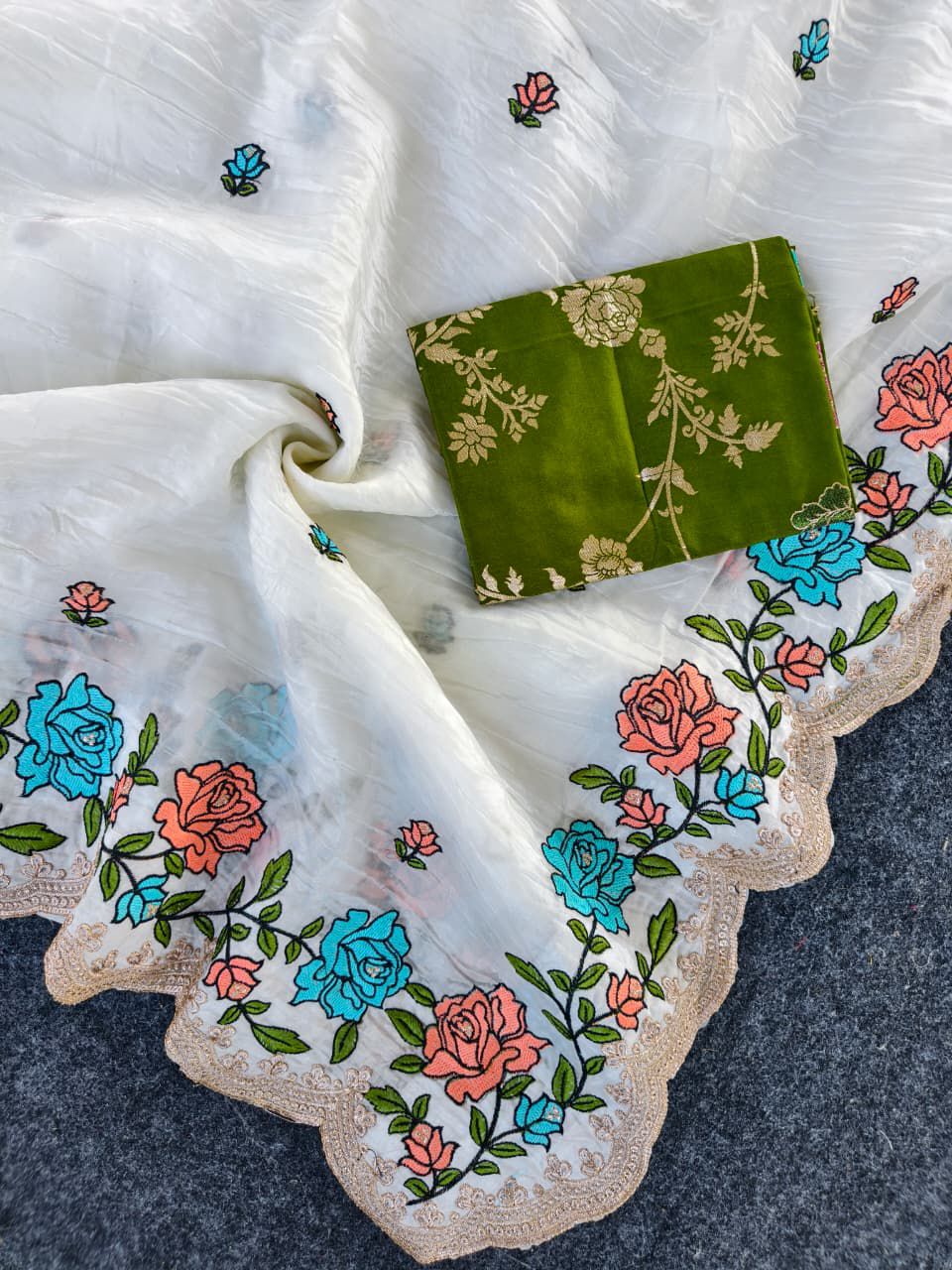 Elegant Pure Paper Crush Saree with Intricate Multi-Thread Embroidery