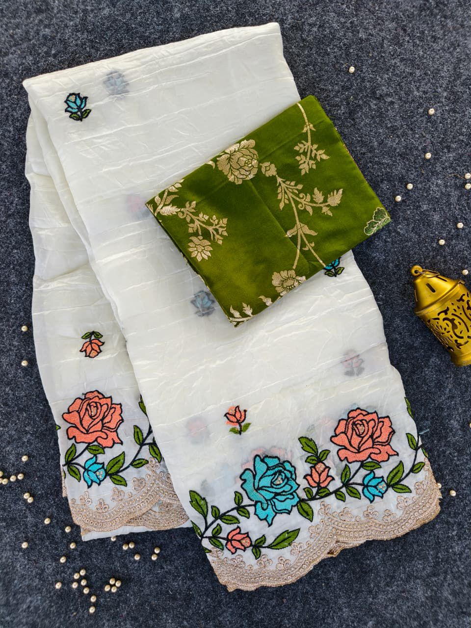 Elegant Pure Paper Crush Saree with Intricate Multi-Thread Embroidery