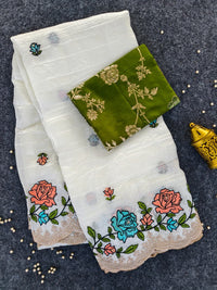Elegant Pure Paper Crush Saree with Intricate Multi-Thread Embroidery