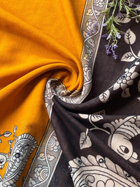 Elegant Kalamkari Printed Pure Linen Saree with Foil Mirror Work & Tassels