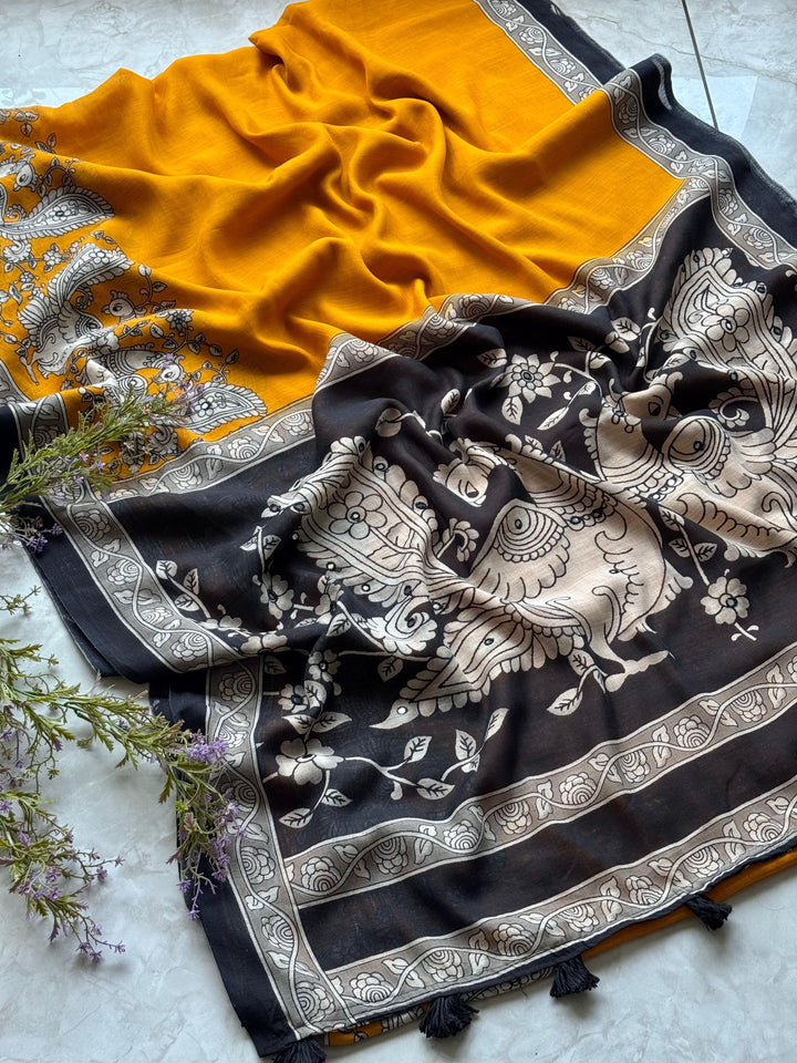 Elegant Kalamkari Printed Pure Linen Saree with Foil Mirror Work & Tassels