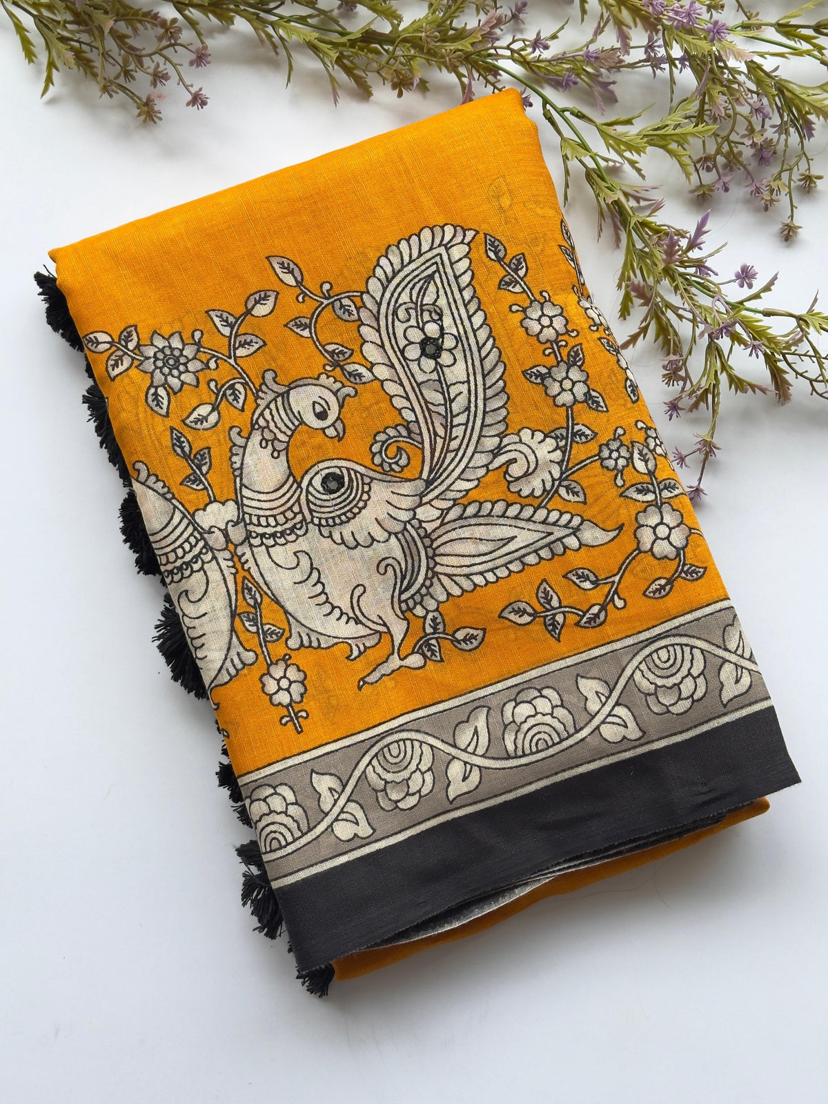 Elegant Kalamkari Printed Pure Linen Saree with Foil Mirror Work & Tassels