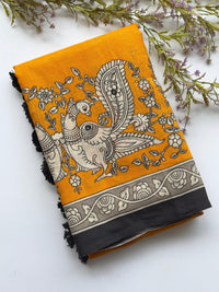Elegant Kalamkari Printed Pure Linen Saree with Foil Mirror Work & Tassels