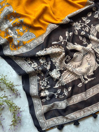 Elegant Kalamkari Printed Pure Linen Saree with Foil Mirror Work & Tassels