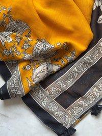 Elegant Kalamkari Printed Pure Linen Saree with Foil Mirror Work & Tassels
