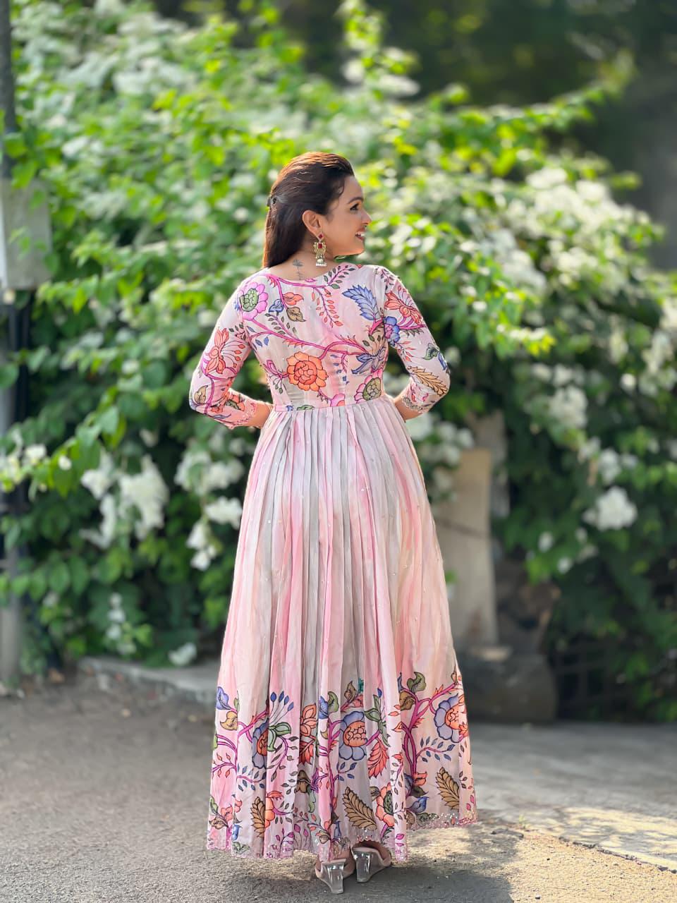 Dreamy Shaded Pink Kalamkari Floral Tussar Silk Gown with Sequined Embroidery