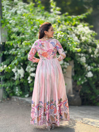Dreamy Shaded Pink Kalamkari Floral Tussar Silk Gown with Sequined Embroidery