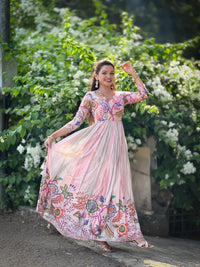 Dreamy Shaded Pink Kalamkari Floral Tussar Silk Gown with Sequined Embroidery