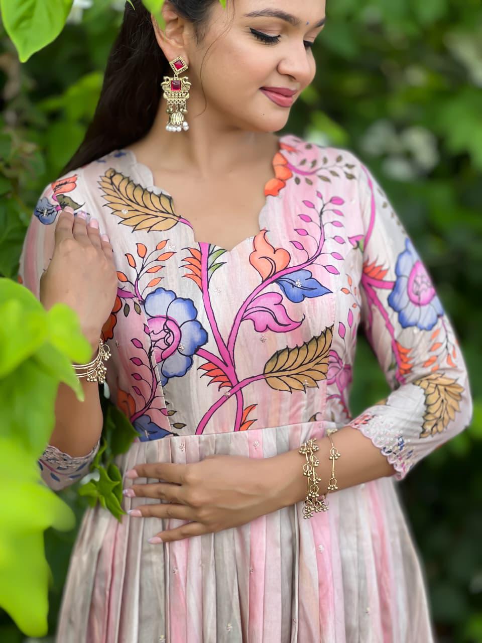 Dreamy Shaded Pink Kalamkari Floral Tussar Silk Gown with Sequined Embroidery