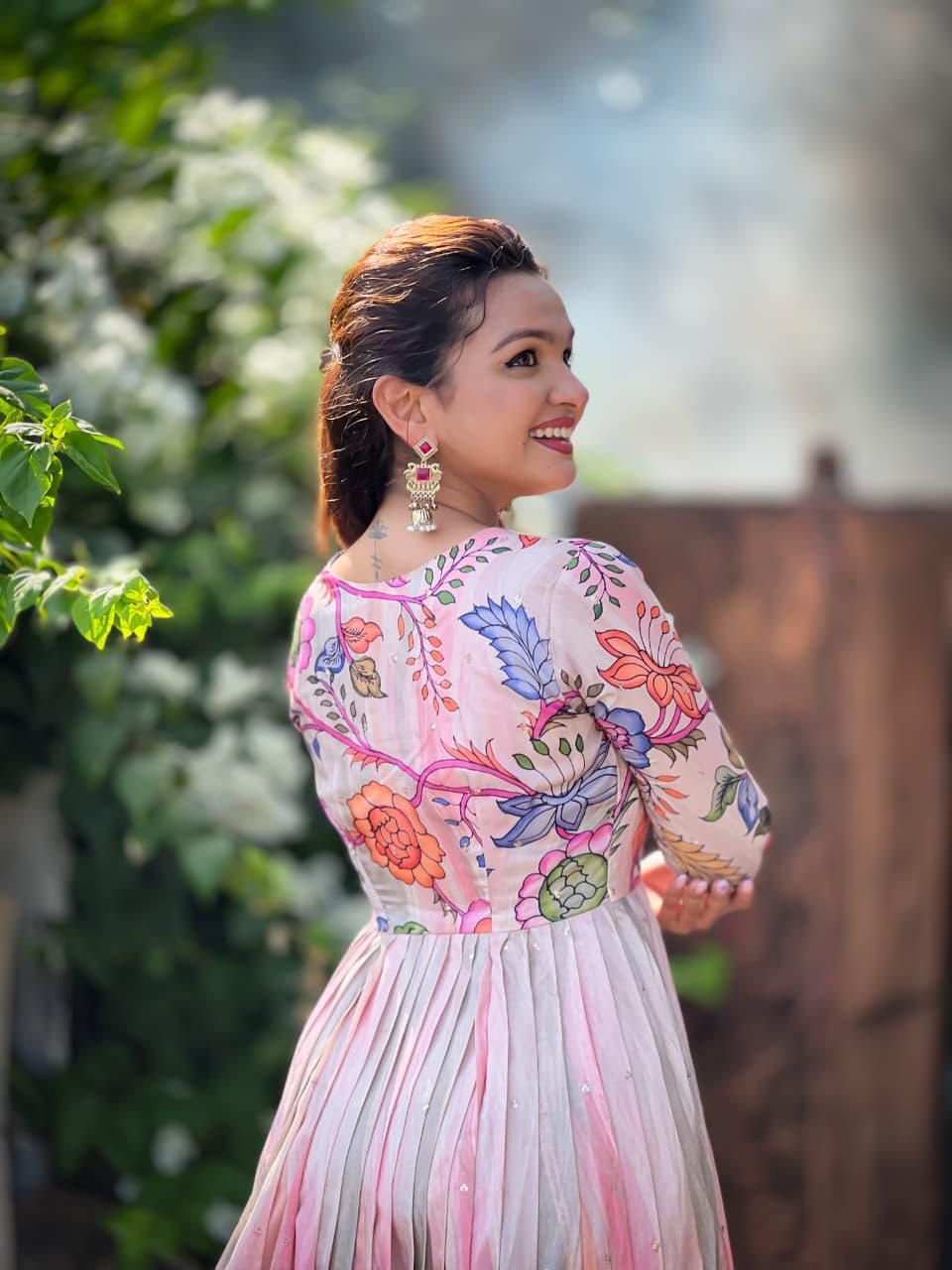 Dreamy Shaded Pink Kalamkari Floral Tussar Silk Gown with Sequined Embroidery