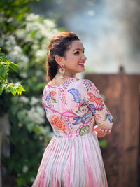 Dreamy Shaded Pink Kalamkari Floral Tussar Silk Gown with Sequined Embroidery