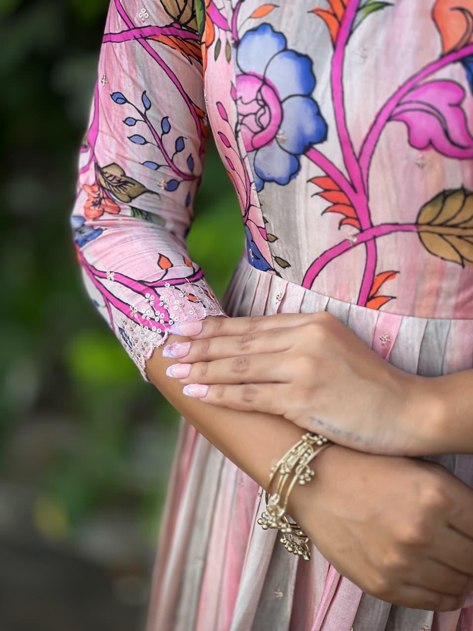 Dreamy Shaded Pink Kalamkari Floral Tussar Silk Gown with Sequined Embroidery