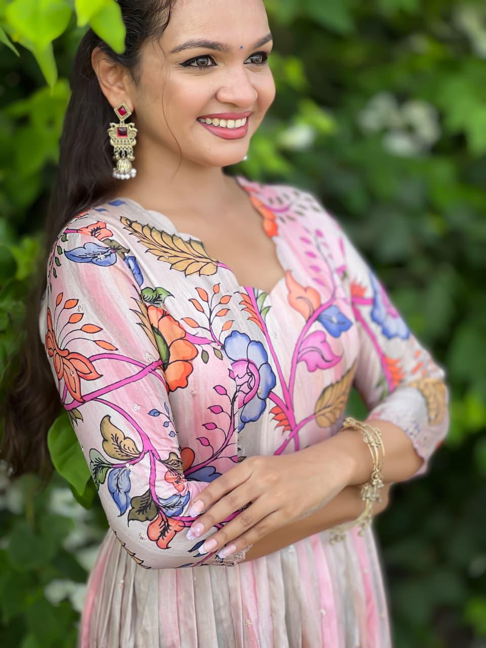 Dreamy Shaded Pink Kalamkari Floral Tussar Silk Gown with Sequined Embroidery
