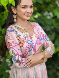 Dreamy Shaded Pink Kalamkari Floral Tussar Silk Gown with Sequined Embroidery