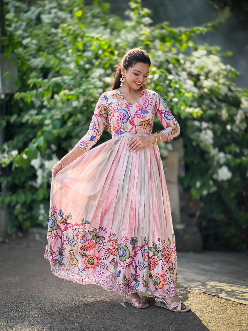 Dreamy Shaded Pink Kalamkari Floral Tussar Silk Gown with Sequined Embroidery