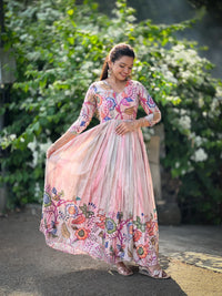 Dreamy Shaded Pink Kalamkari Floral Tussar Silk Gown with Sequined Embroidery