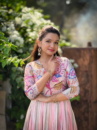 Dreamy Shaded Pink Kalamkari Floral Tussar Silk Gown with Sequined Embroidery