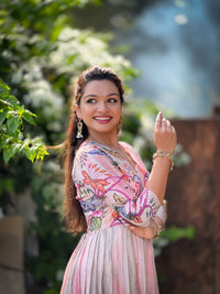 Dreamy Shaded Pink Kalamkari Floral Tussar Silk Gown with Sequined Embroidery