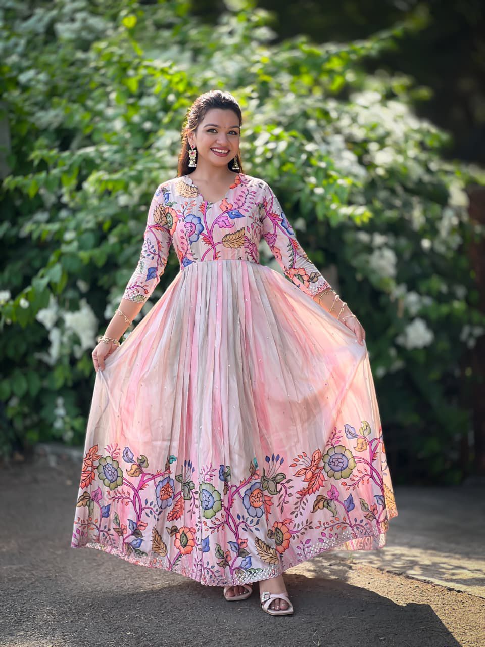 Dreamy Shaded Pink Kalamkari Floral Tussar Silk Gown with Sequined Embroidery