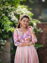 Dreamy Shaded Pink Kalamkari Floral Tussar Silk Gown with Sequined Embroidery