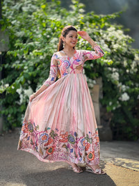 Dreamy Shaded Pink Kalamkari Floral Tussar Silk Gown with Sequined Embroidery