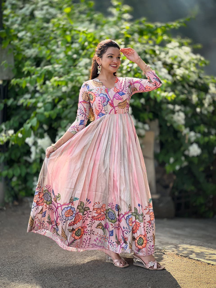 Dreamy Shaded Pink Kalamkari Floral Tussar Silk Gown with Sequined Embroidery