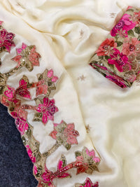 Pure Georgette Saree with All-Over Motif & Appliqué Work | Cutwork Border with Sequins