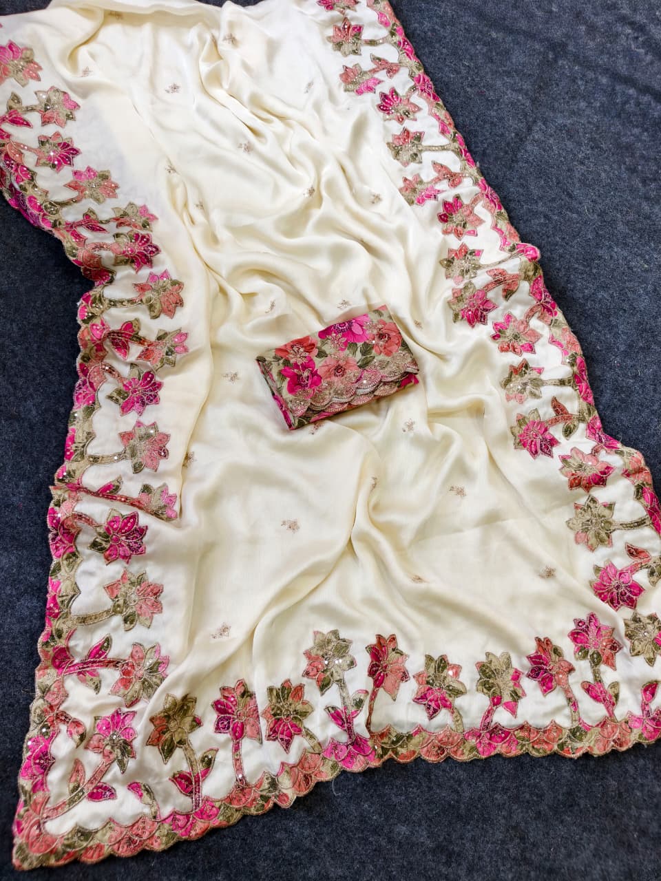 Pure Georgette Saree with All-Over Motif & Appliqué Work | Cutwork Border with Sequins