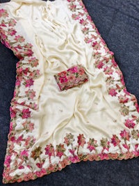 Pure Georgette Saree with All-Over Motif & Appliqué Work | Cutwork Border with Sequins