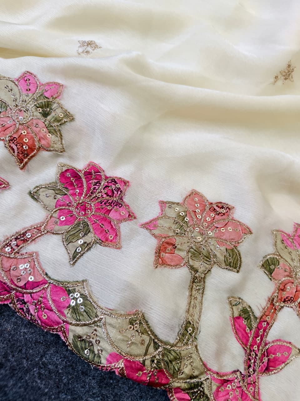 Pure Georgette Saree with All-Over Motif & Appliqué Work | Cutwork Border with Sequins
