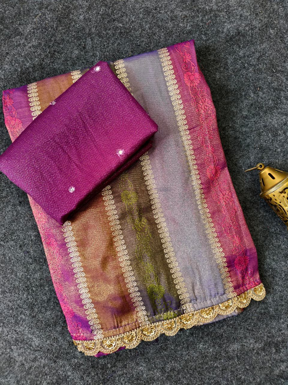 Pure Soft Silk Saree with Rainbow Patti Weaving & Heavy Handwork | Scalloped Border with Contrast Blouse