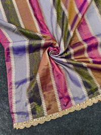 Pure Soft Silk Saree with Rainbow Patti Weaving & Heavy Handwork | Scalloped Border with Contrast Blouse