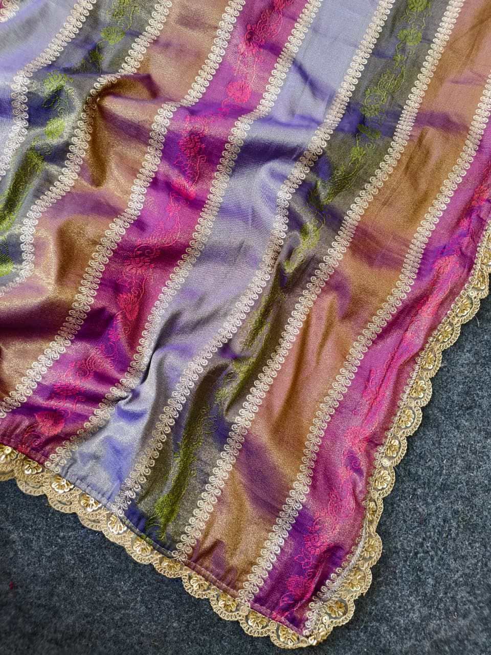Pure Soft Silk Saree with Rainbow Patti Weaving & Heavy Handwork | Scalloped Border with Contrast Blouse
