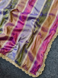Pure Soft Silk Saree with Rainbow Patti Weaving & Heavy Handwork | Scalloped Border with Contrast Blouse