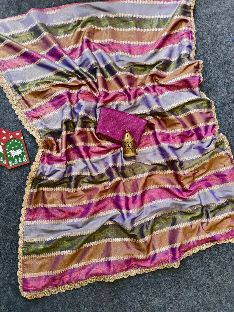 Pure Soft Silk Saree with Rainbow Patti Weaving & Heavy Handwork | Scalloped Border with Contrast Blouse